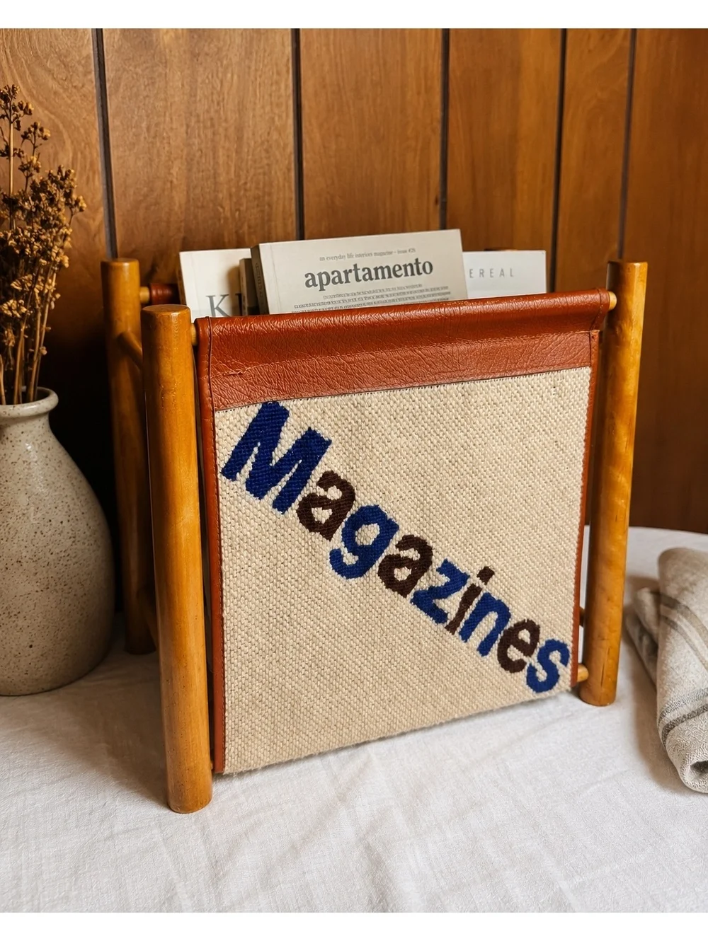 Vintage Wooden Magazine Rack Brown Leather Canvas Sling Holder Mid Century 13x12